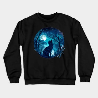 moonlight blue galaxy forest cat Crewneck Sweatshirt